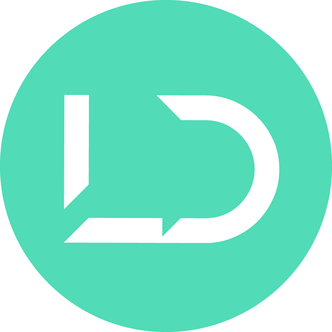 Lean Designs logotyp. En grön rund bakgrund med vit text med bokstäverna L & D.
