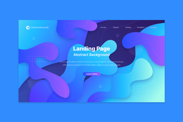 Lean Designs hemsidor tjänst. Bild på en landing page med blå bakgrund och massa abstrakta mönster på hemsidan.
