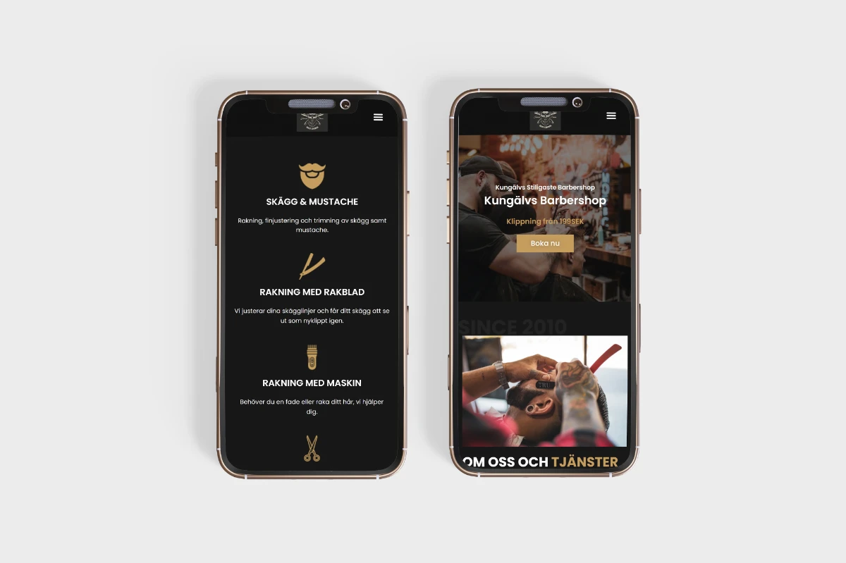 En bild på två telefoner mot en vit/grå bakgrund. På telefonerna finns kungälvs barbershops hemsida som Lean Designs har gjort.