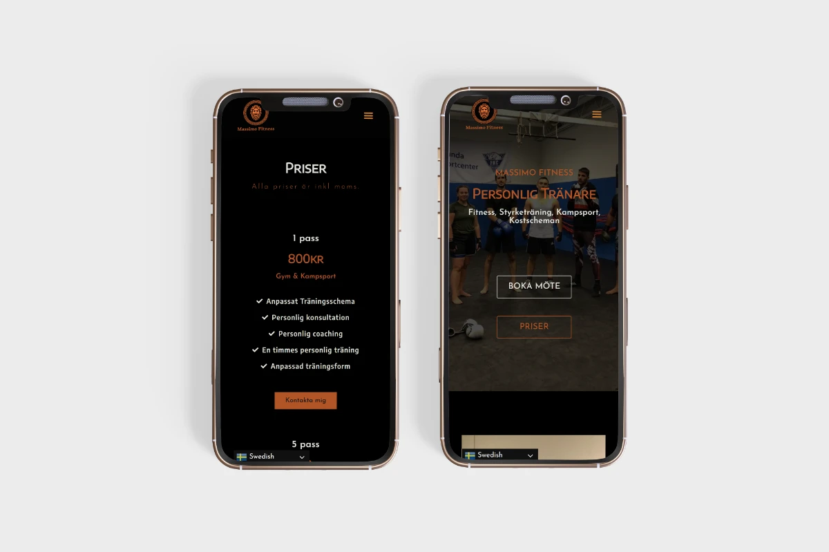 En bild på två mobiler som ligger mot en grå bakgrund. På mobilerna finns Massimopt's hemsida med orangea detaljer.