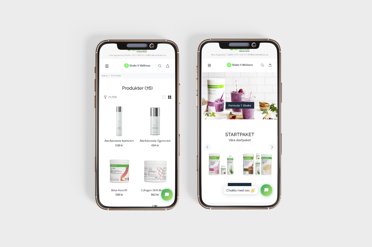 En bild på två mobiler mot grå bakgrund med Shake it Wellness hemsida på som Lean Designs har gjort
