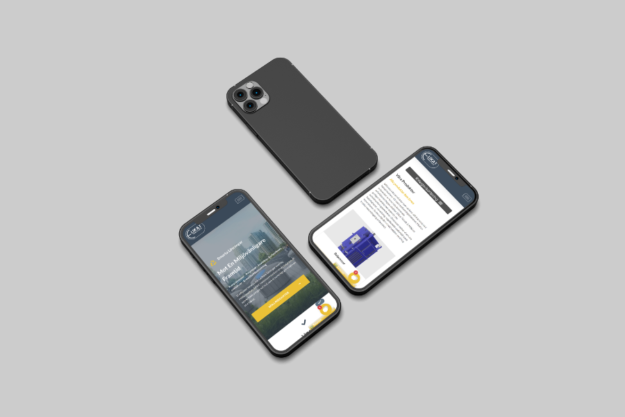 Elikat kundcase. 3 telefoner mot en grå bakgrund, varje telefon har en bild på elikats gul/blå hemsida